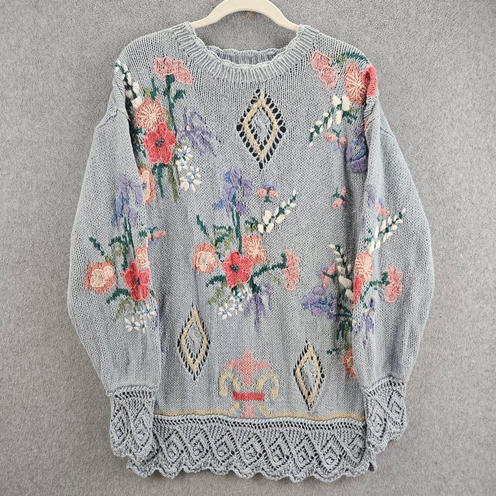 CASUAL CORNER Sweater Women M Blue Floral Embroidered Ramie Cotton Vintage 90s